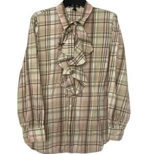 Lauren Ralph Lauren 2000s Tan Pink Plaid Ruffle Button Blouse Cottage Preppy 2X
